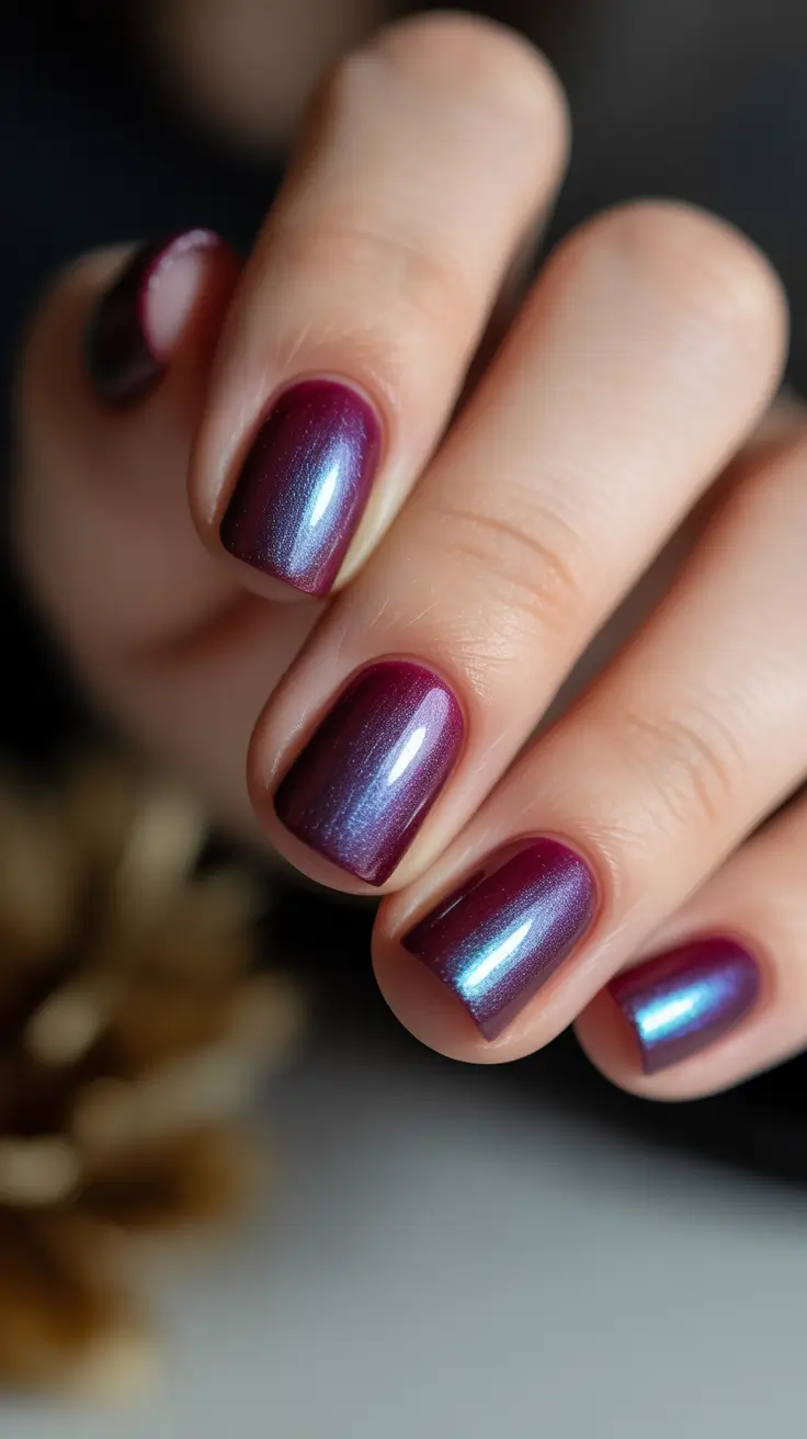 christmas gel nails ideas 2025 Berry Metallic Glow