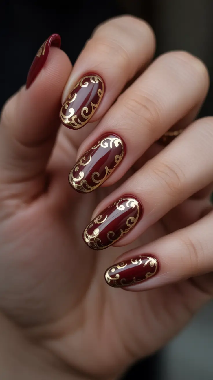 christmas gel nails ideas 2025 Velvet Burgundy with Gold Scrolls