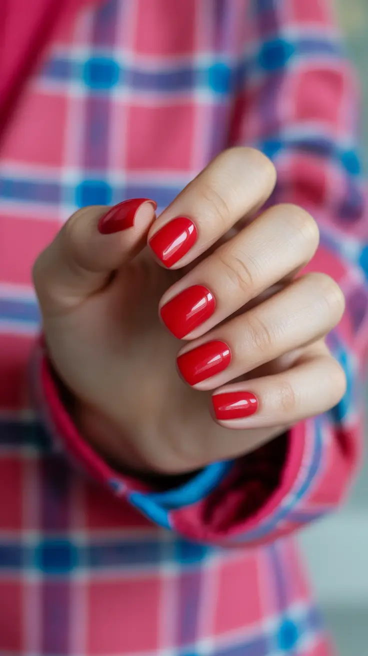 christmas gel nails ideas 2025 Classic Red Shorties
