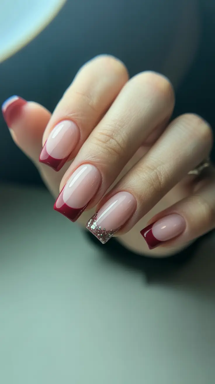 christmas gel nails ideas 2025 Burgundy French with Sparkle Accent