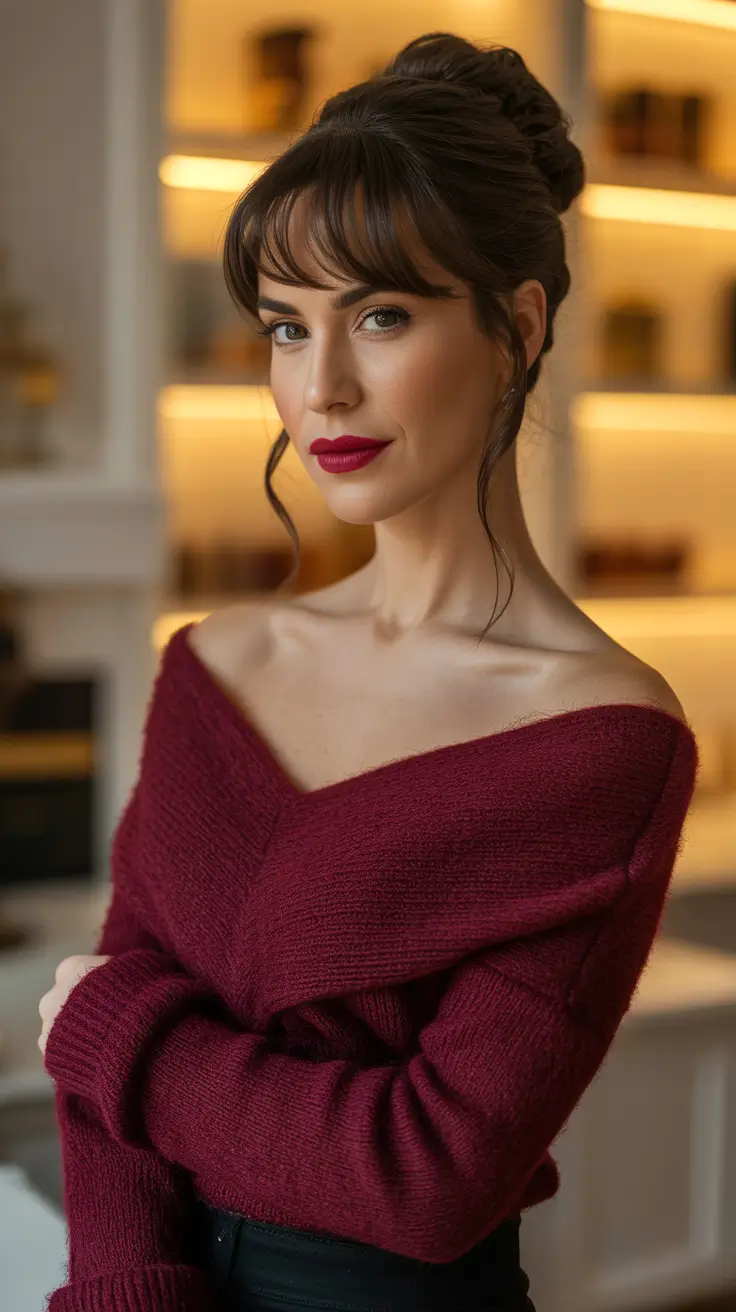 Christmas Hairstyles 2025 Chic Holiday Bun with Bangs