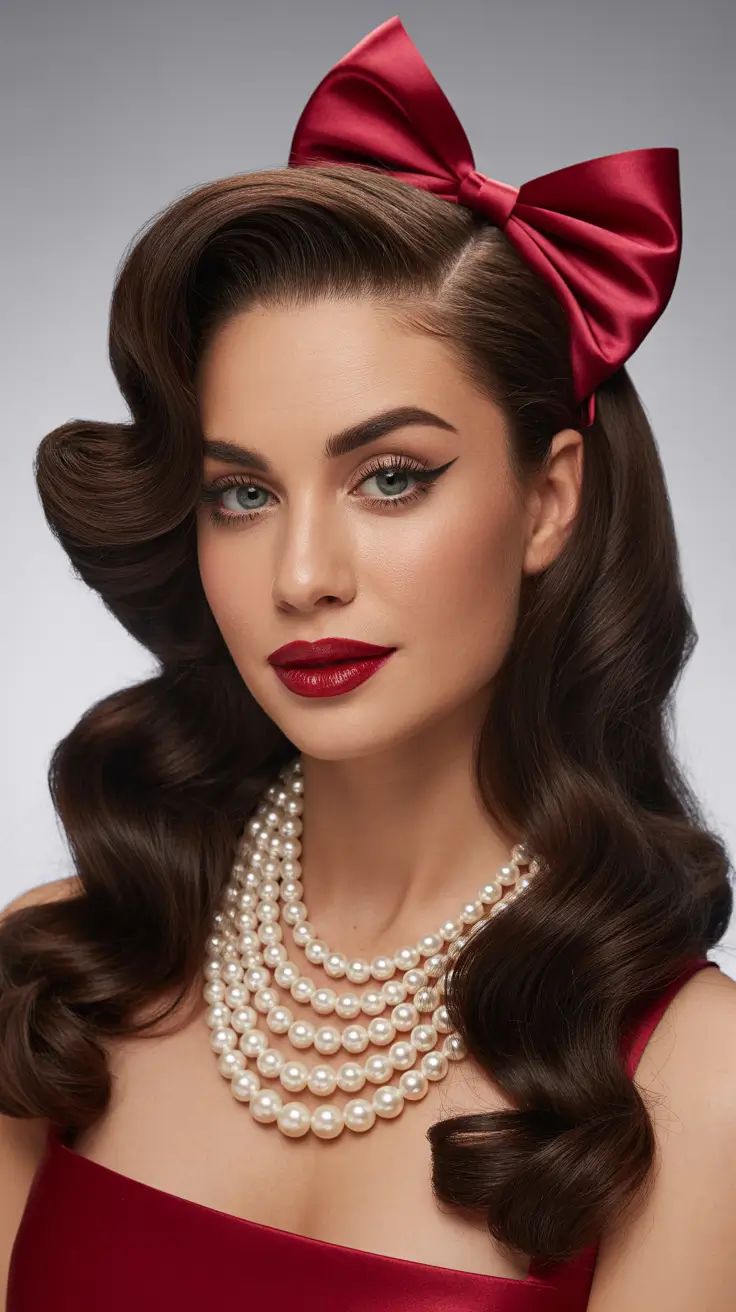 Christmas Hairstyles 2025 Retro Red Bow Curls