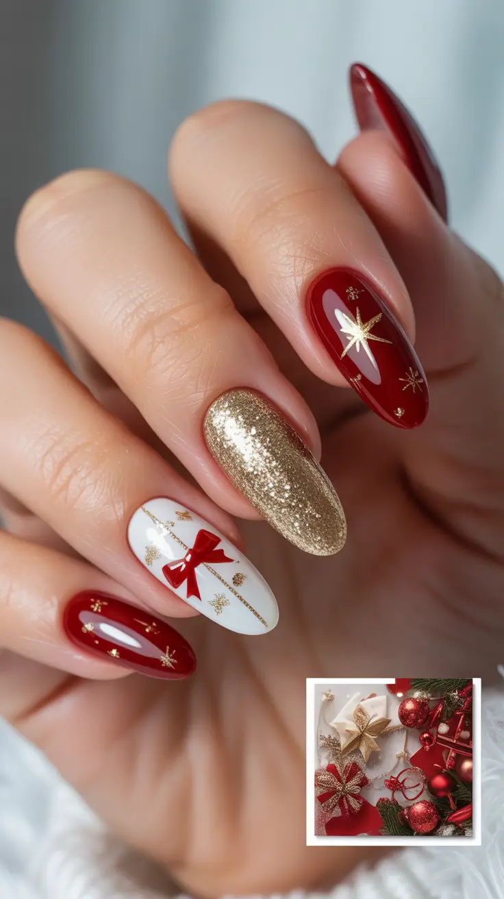 christmas nail art ideas 2025 Golden Ribbon Glamour