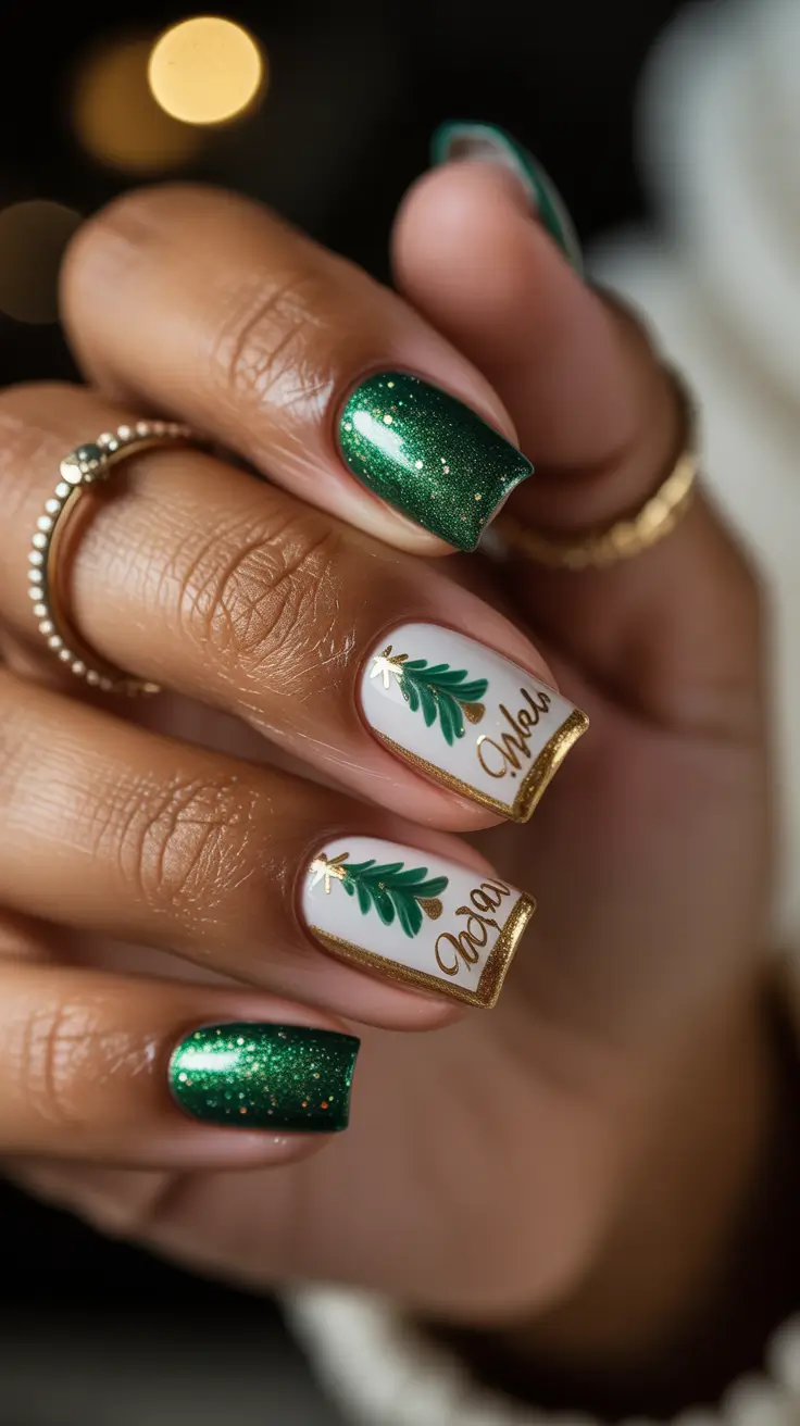 christmas nail art ideas 2025 Golden Pine Charm