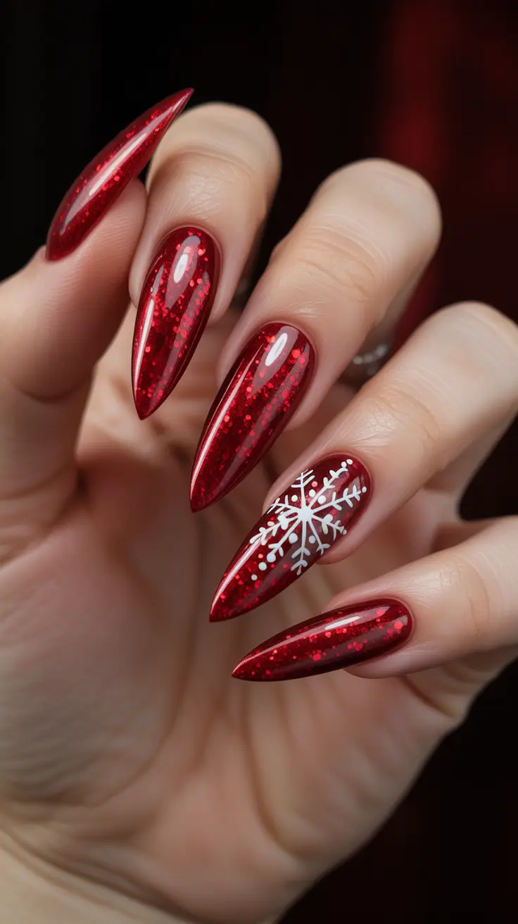 christmas nail art ideas 2025 Ruby Snowflake Spark