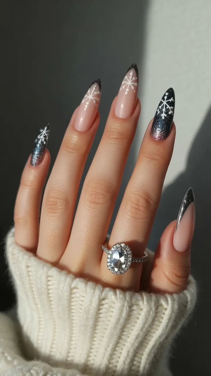 christmas nail art ideas 2025 Snowfall on Midnight