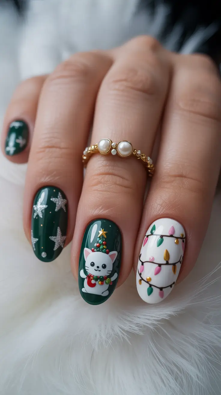 christmas nail art ideas 2025 Festive Kitty Lights