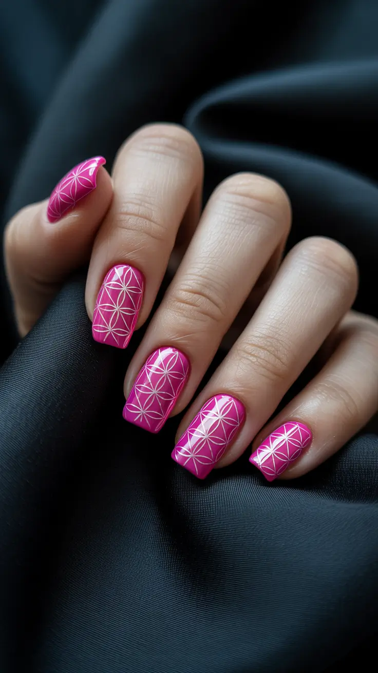 christmas nail color ideas 2025 Geometric Fuchsia Magic