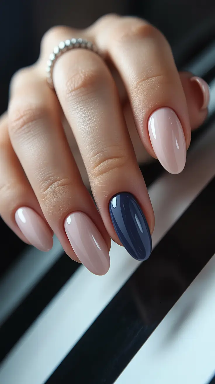 christmas nail color ideas 2025 Neutral Chic with Navy Twist
