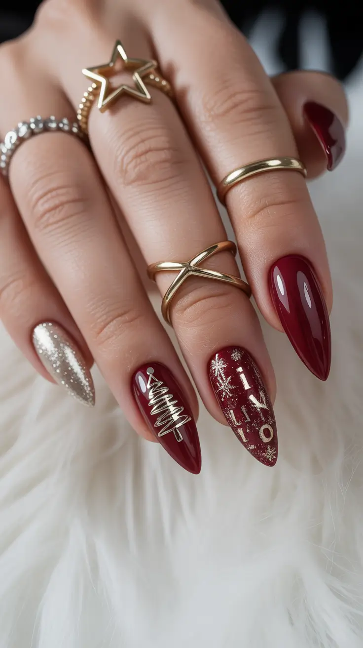 christmas nails acrylic ideas 2025 Glam Burgundy Tree