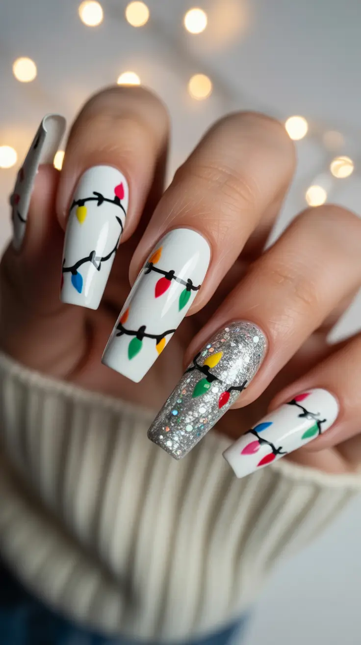 christmas nails acrylic ideas 2025 Twinkling Holiday Lights