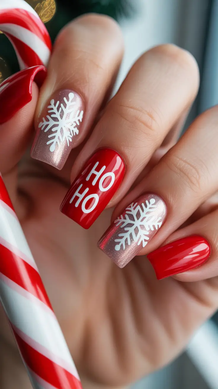 christmas nails acrylic ideas 2025 Ho Ho Holiday Red