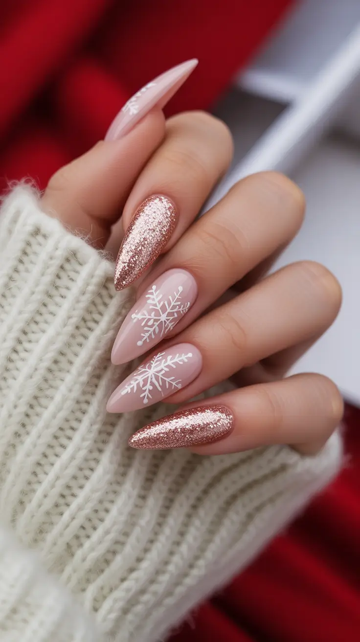 christmas nails acrylic ideas 2025 Rose Gold Snowfall