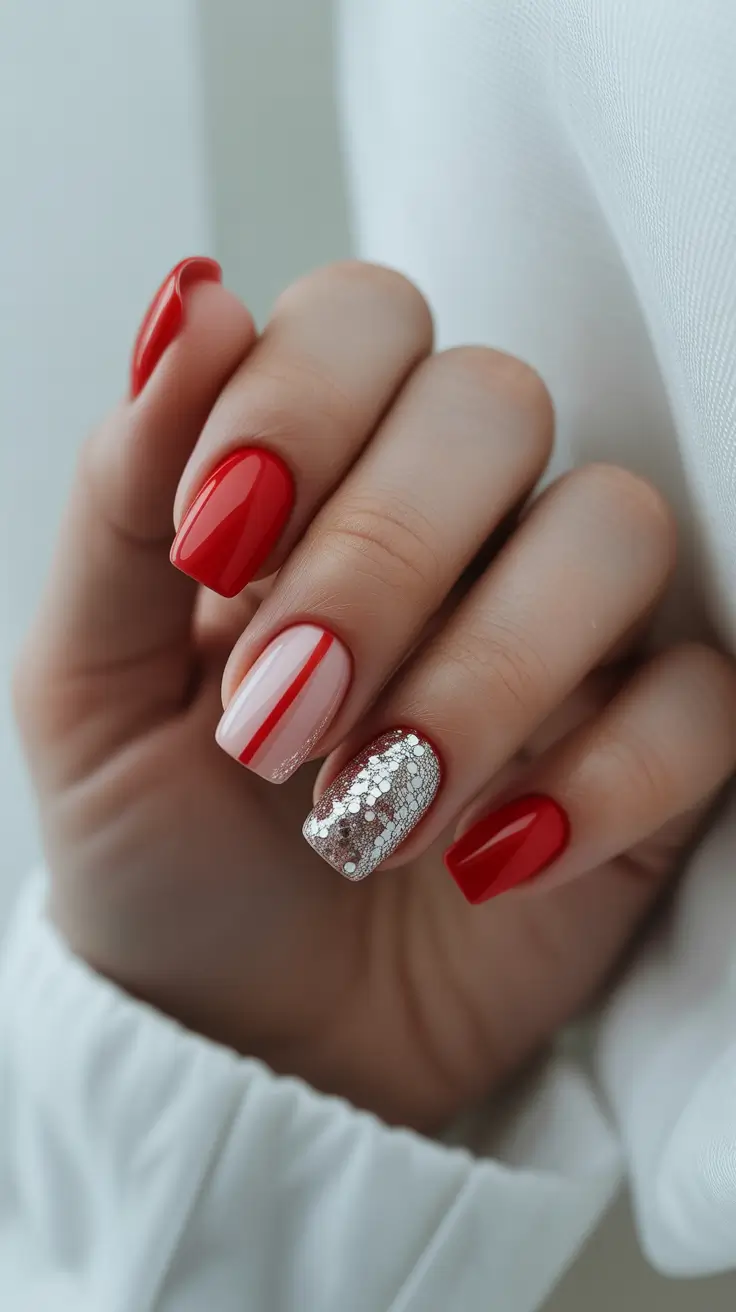 christmas nails acrylic ideas 2025 Modern Red & Silver Mix
