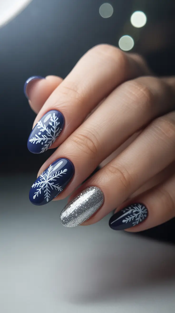 christmas nails acrylic ideas 2025 Midnight Silver Snow