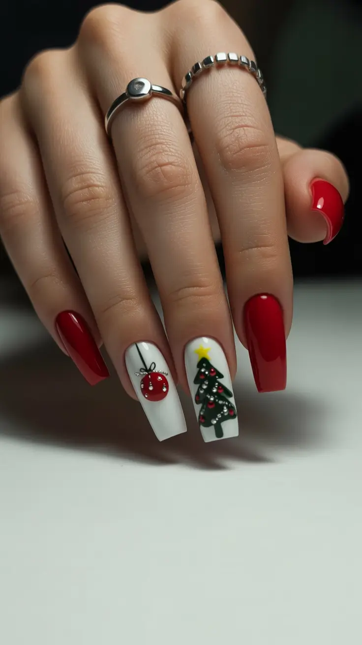 christmas tree nails ideas 2025 Red & White Christmas Magic