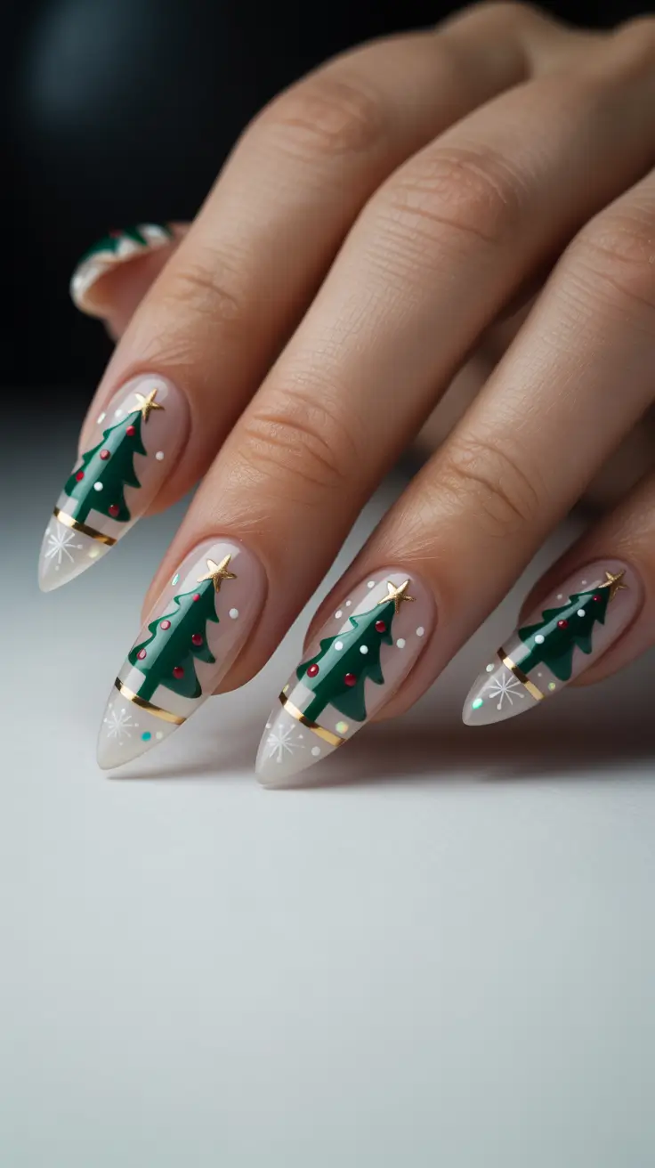 christmas tree nails ideas 2025 Golden Starry Pines