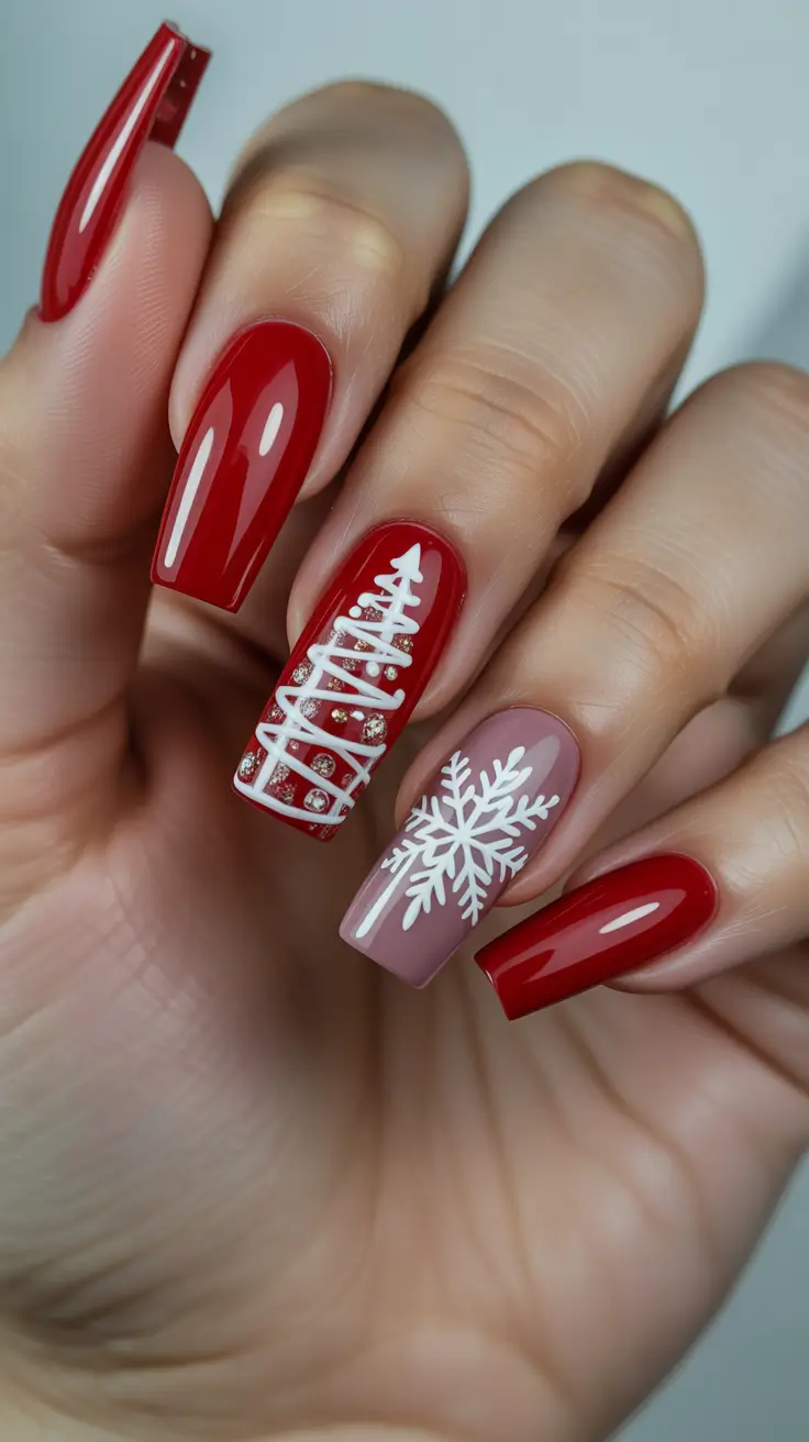 christmas tree nails ideas 2025 Classic Red & White Christmas Charm