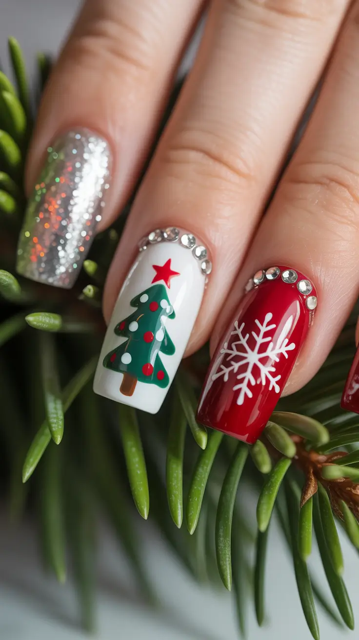 christmas tree nails ideas 2025 Glam Ruby Sparkle & Tree Accent