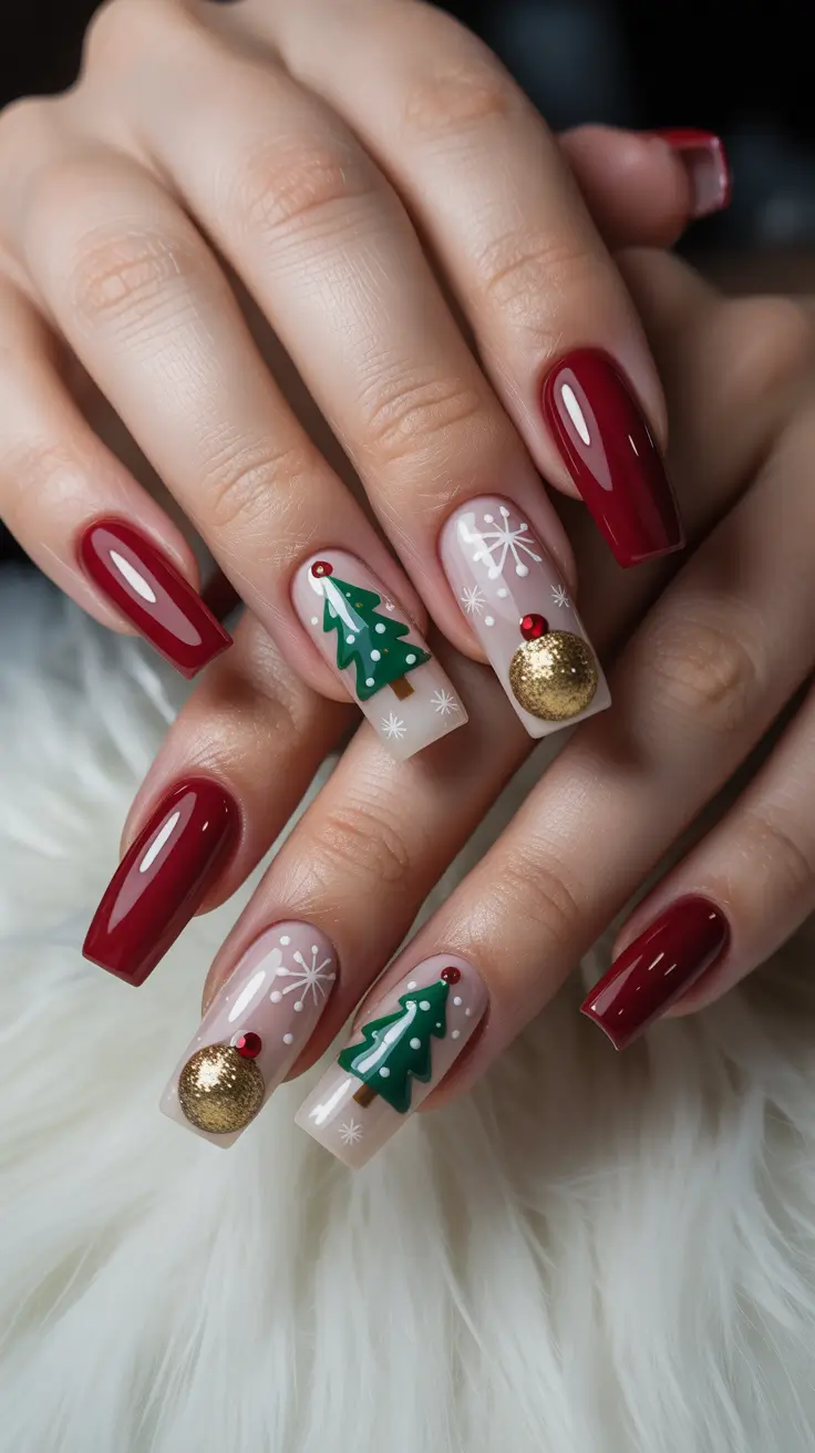 christmas tree nails ideas 2025 Festive Baubles & Green Trees