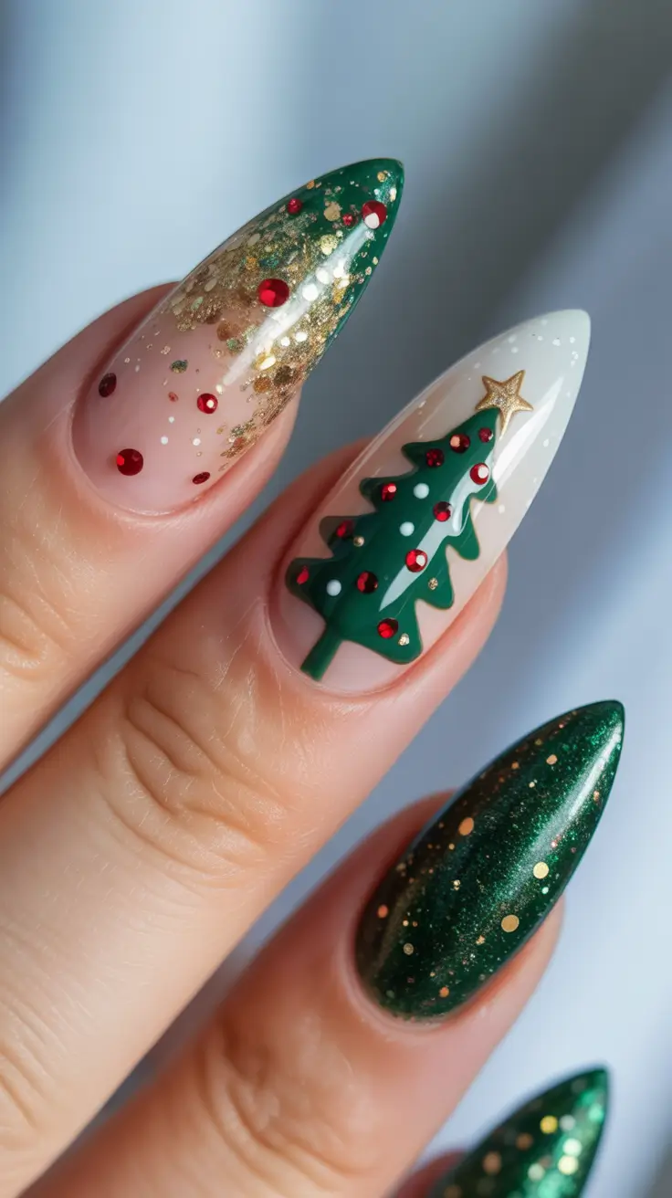 christmas tree nails ideas 2025 Green Glam with Gold Sparkles