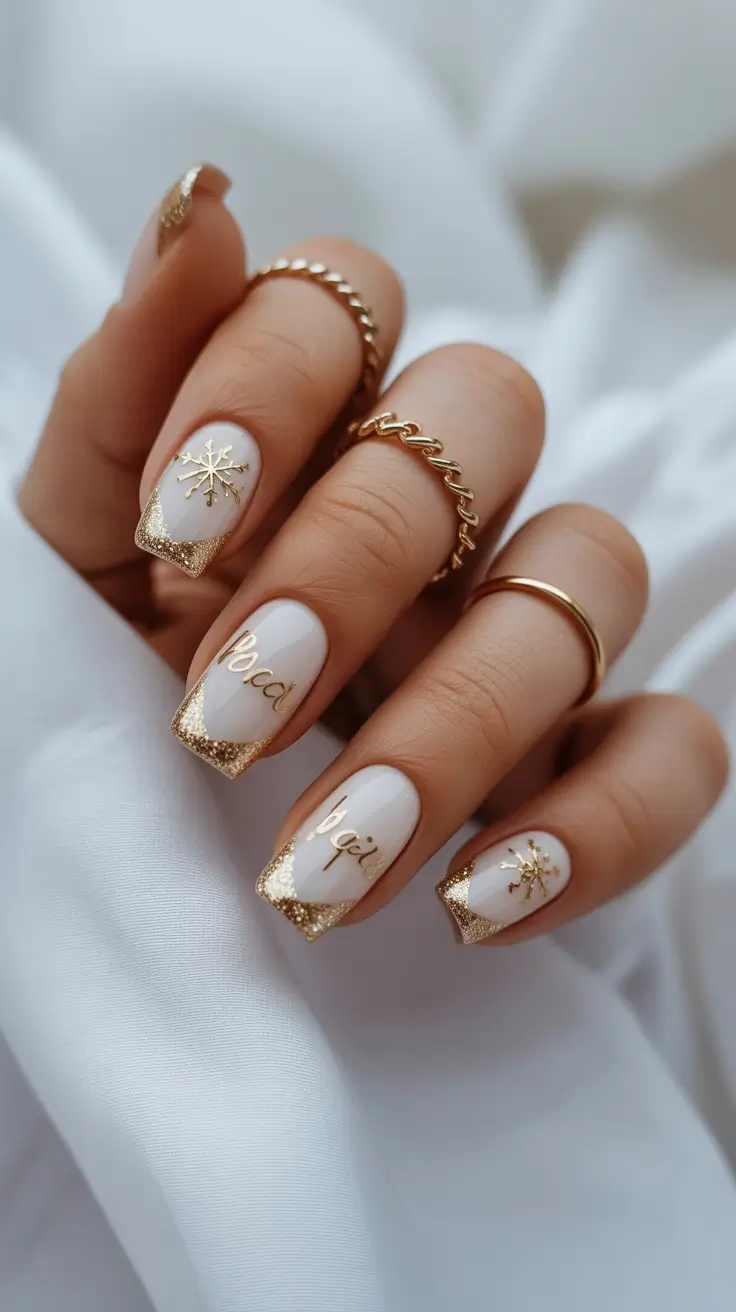 christmas tree nails ideas 2025 White & Gold Holiday Letters