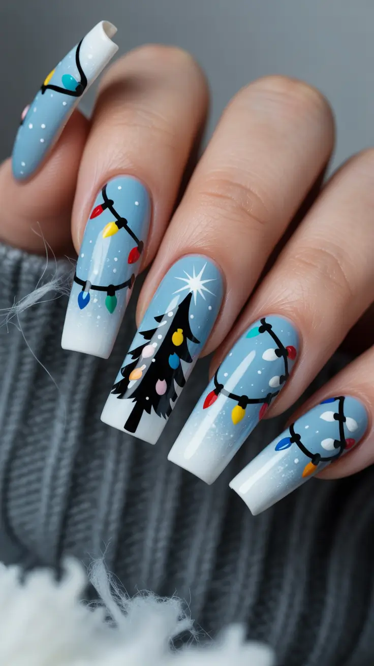 christmas tree nails ideas 2025 Frosty Lights & Blue Cheer