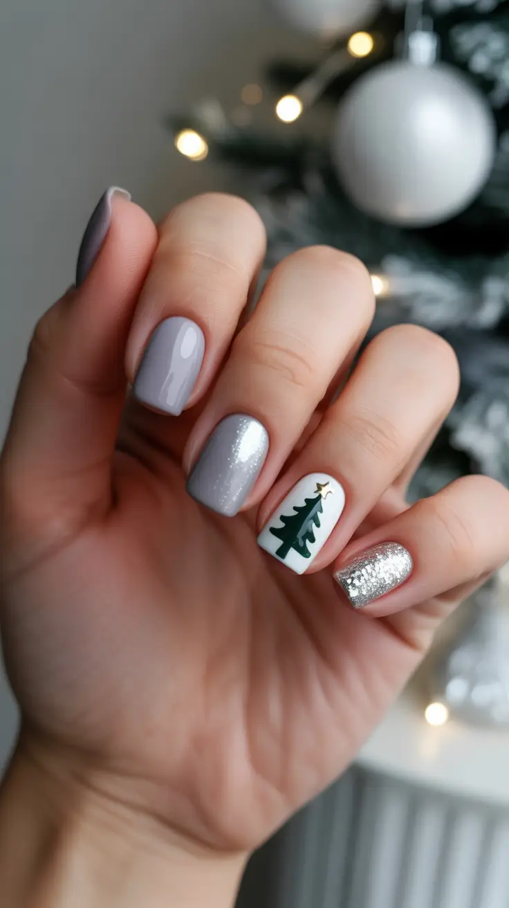 christmas tree nails ideas 2025 Silver Frost & Evergreen Accent