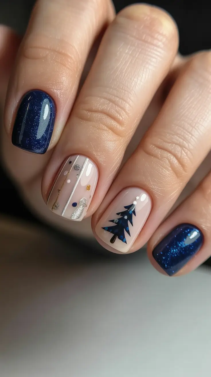 christmas tree nails ideas 2025 Midnight Blue Christmas Glam
