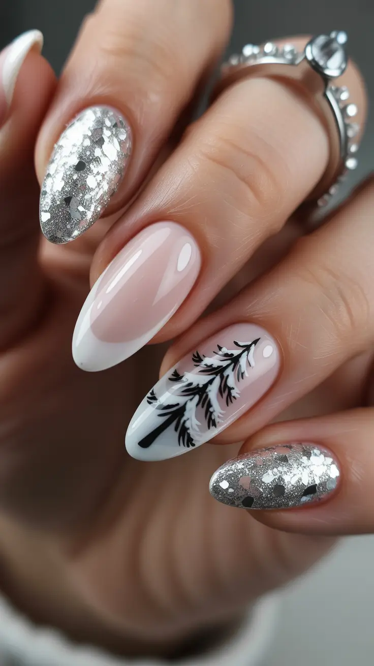 christmas tree nails ideas 2025 Frosted Silver French & Winter Pines