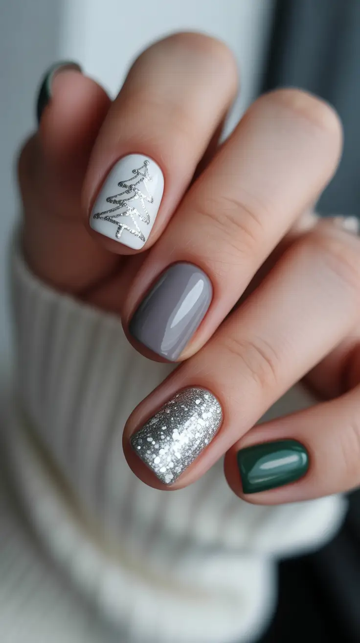 christmas tree nails ideas 2025 Silver Spark & Minimal Tree