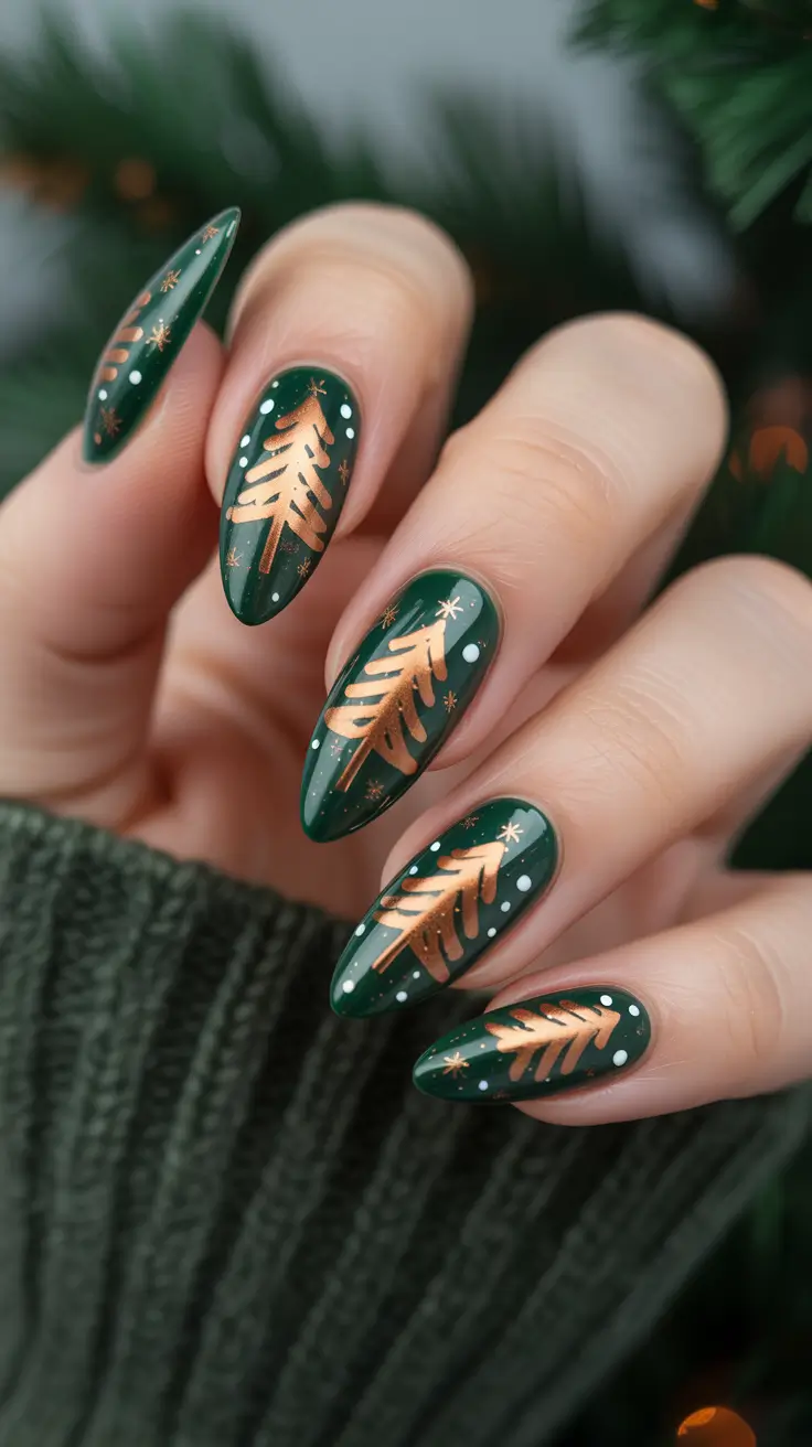 christmas tree nails ideas 2025 Emerald Gold Elegance