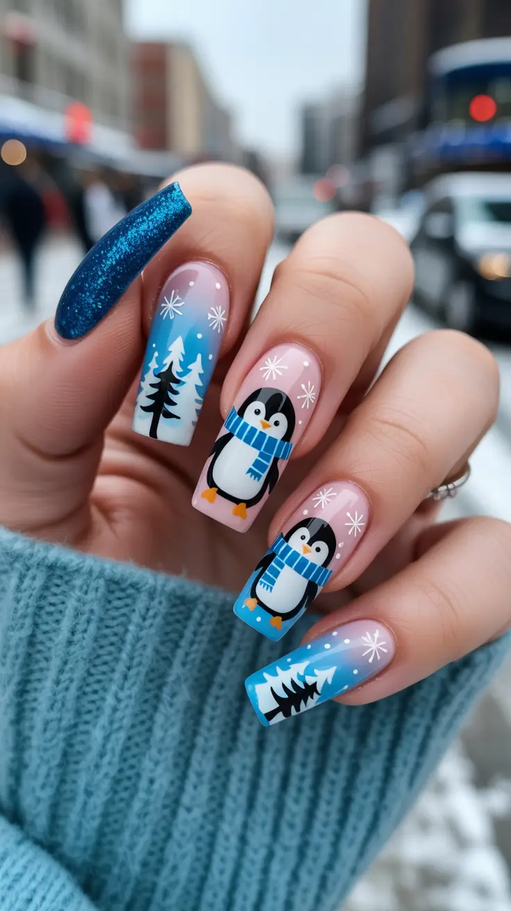christmas tree nails ideas 2025 Frosty Penguins & Blue Charm