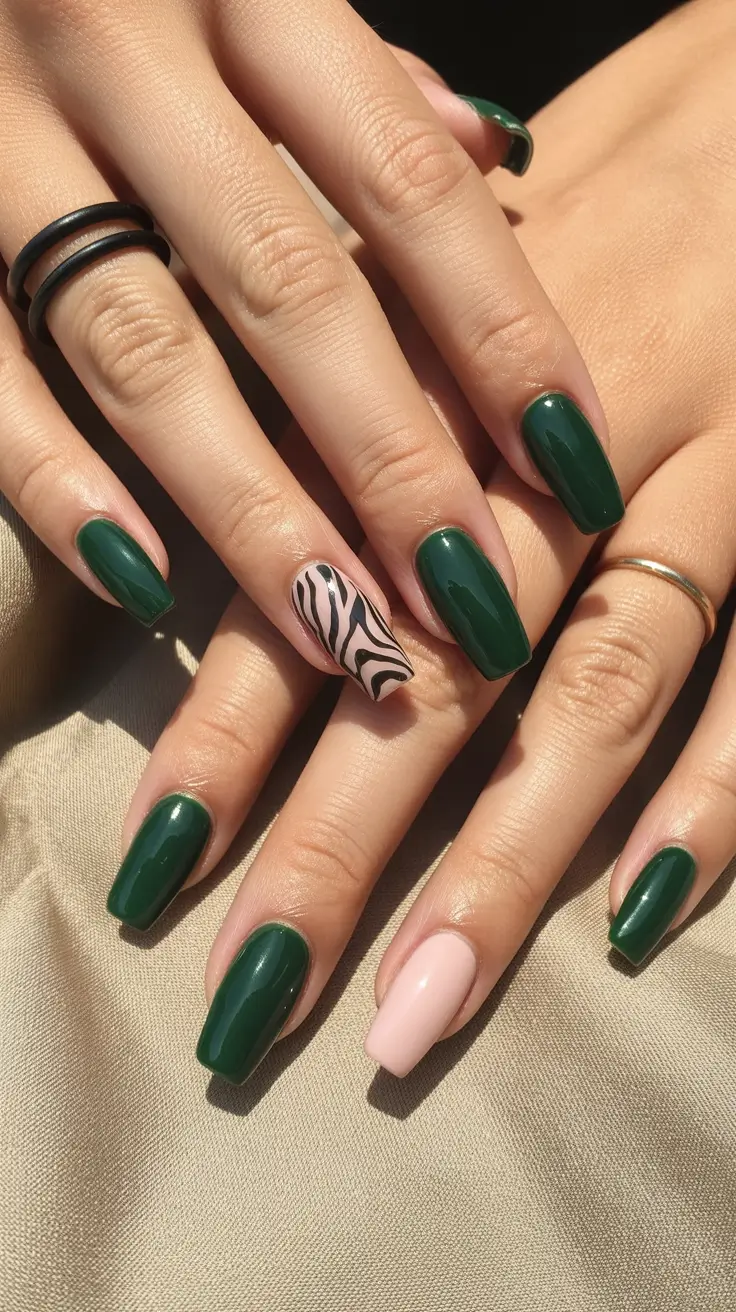 classy winter nails ideas 2025 - 2026 Emerald Whispers with Nude Zebra Accent