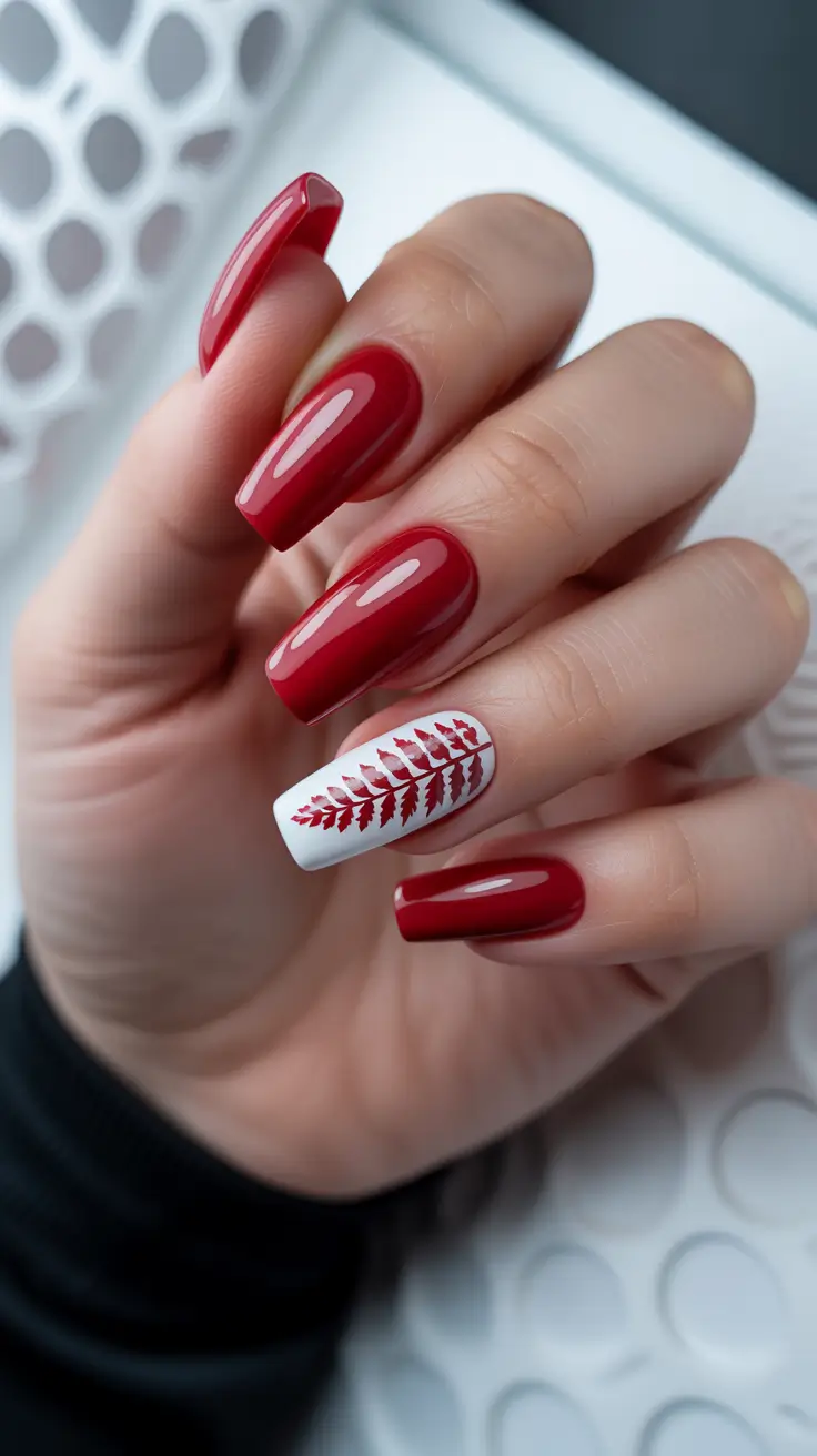 classy winter nails ideas 2025 - 2026 Crimson Frost with Winter Leaf Accent