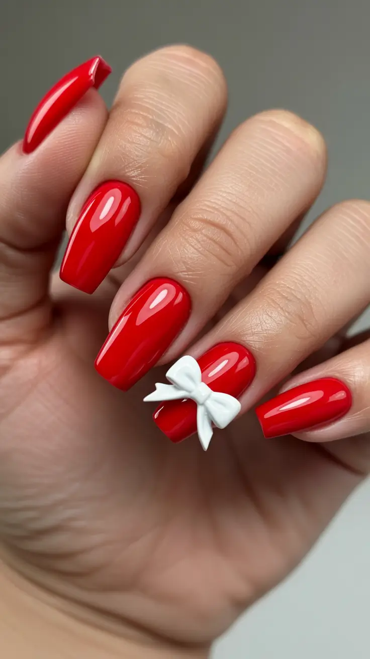 classy winter nails ideas 2025 - 2026 Festive Ribbon Red