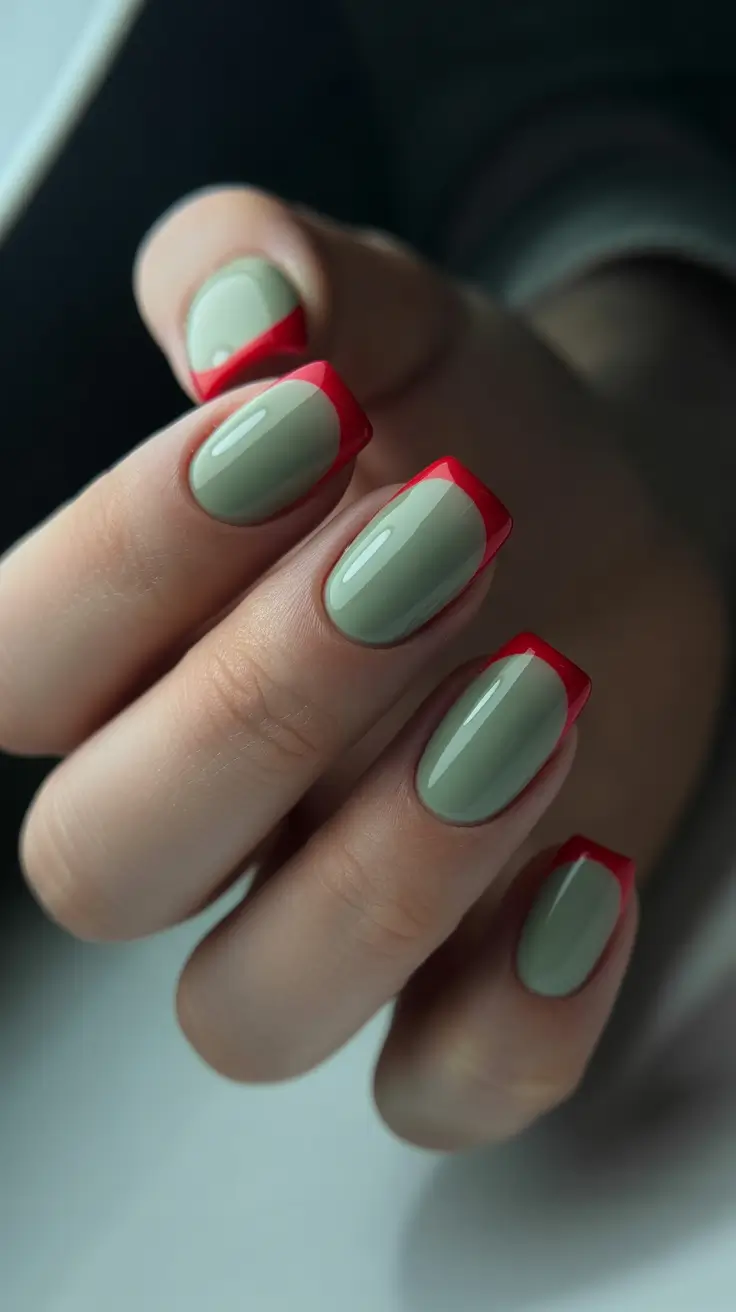 classy winter nails ideas 2025 - 2026 Modern Olive with Scarlet French Tips