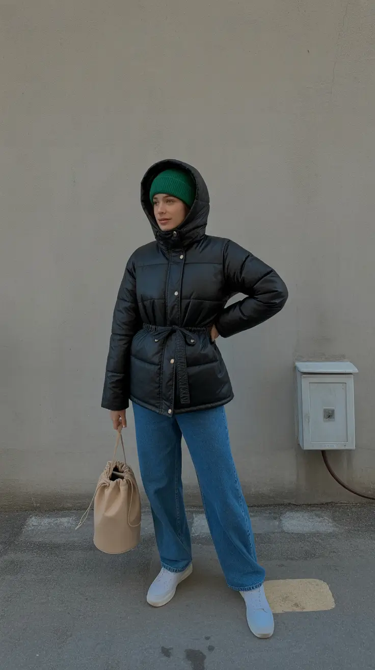 Cozy outfits to Wear in December 2025 Black Puffers and Emerald Accents