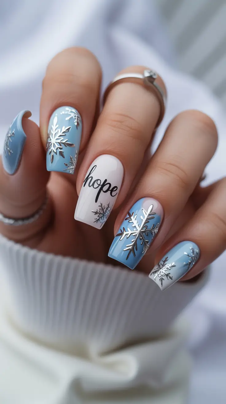 Fall Nail design for December 2025 Silver Snowflakes