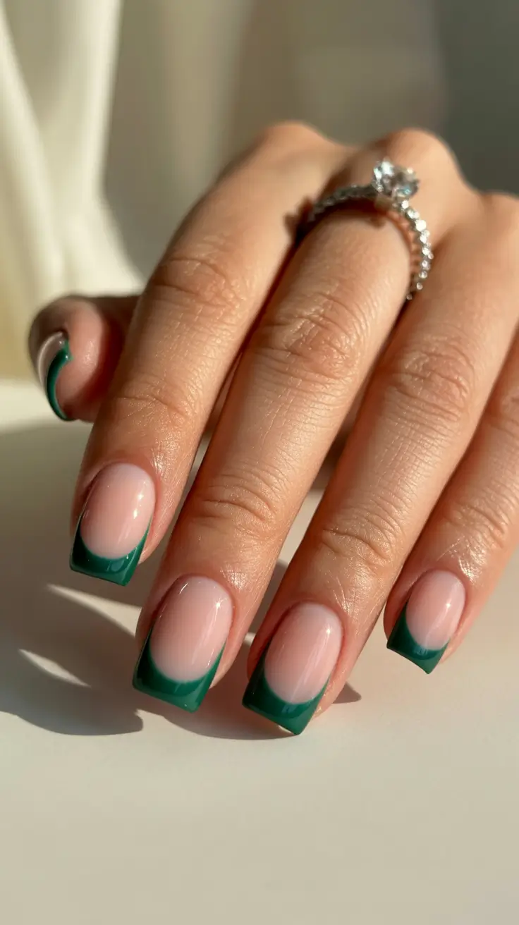 green winter nails ideas 2025-2026 Deep Green French Revival