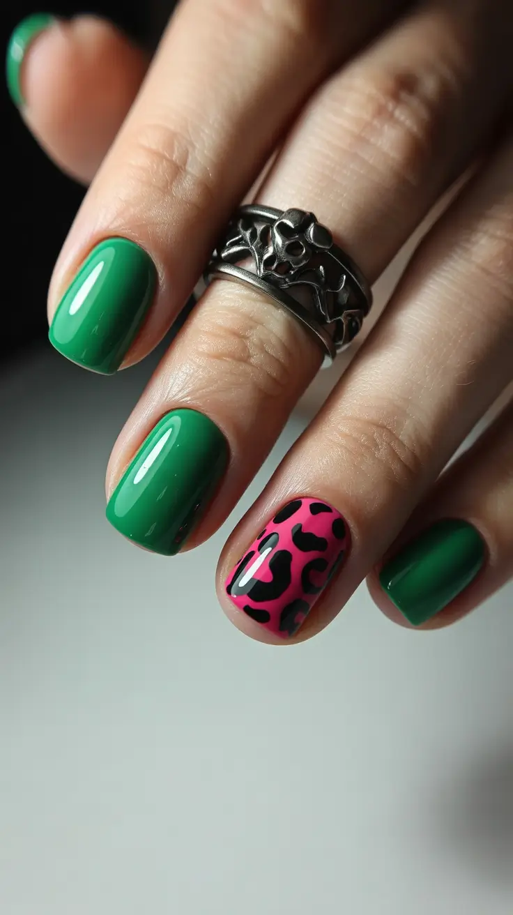 green winter nails ideas 2025-2026 Wild Green and Pink Energy