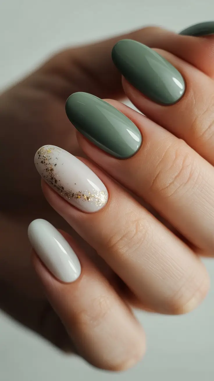 green winter nails ideas 2025-2026 Sage Calm with Golden Frost
