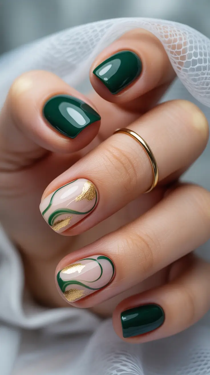 green winter nails ideas 2025-2026 Gold Swirl Muse