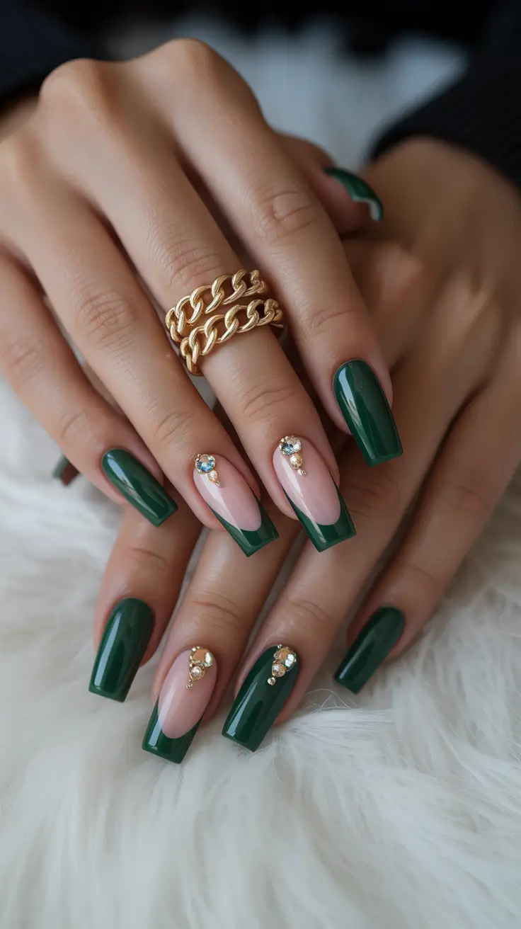 green winter nails ideas 2025-2026 Emerald Glam with Gemstone Accents