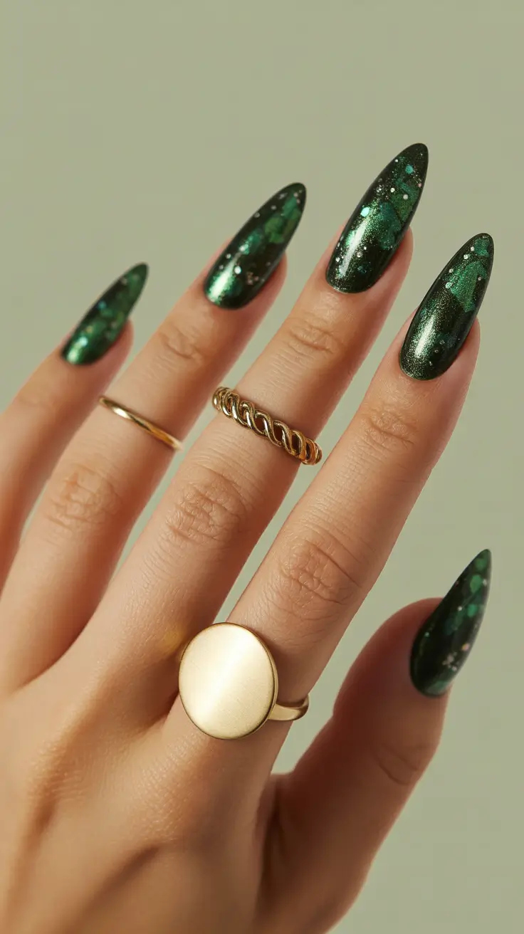 green winter nails ideas 2025-2026 Galactic Green Shimmer