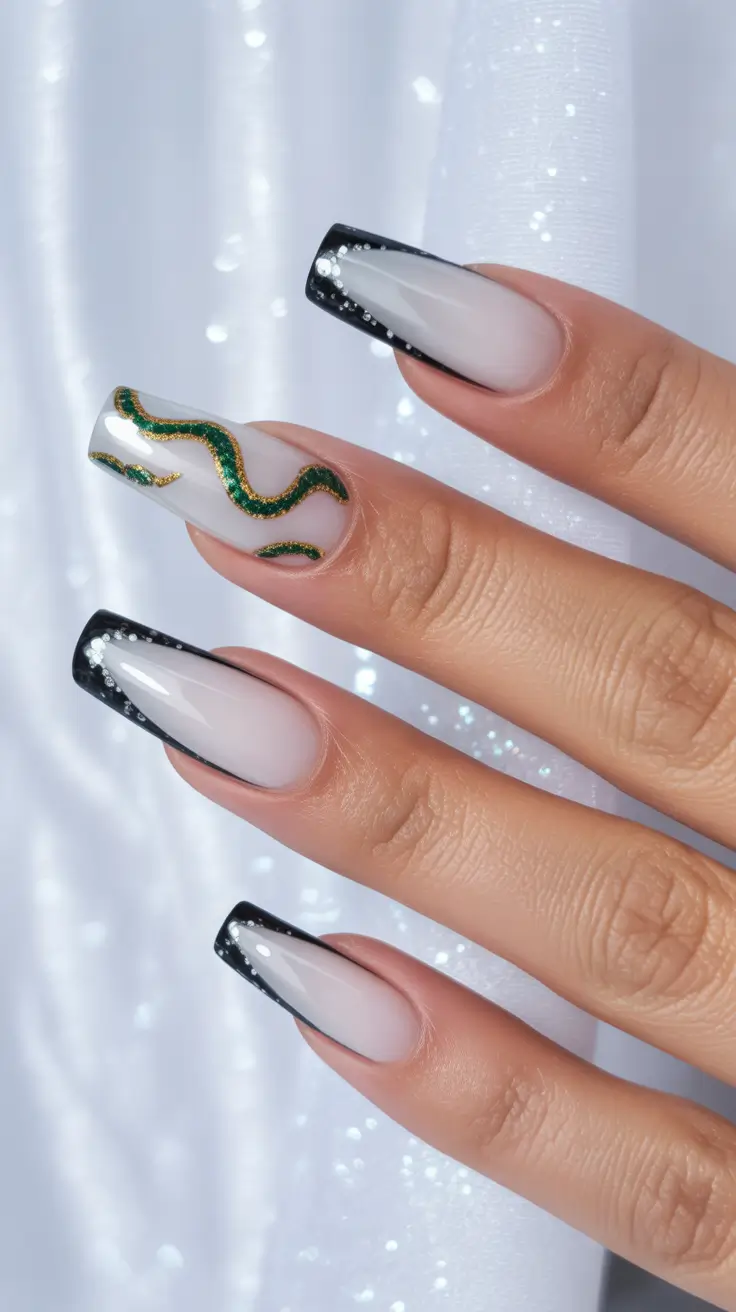 green winter nails ideas 2025-2026 Frostbite Edge with Emerald Snake