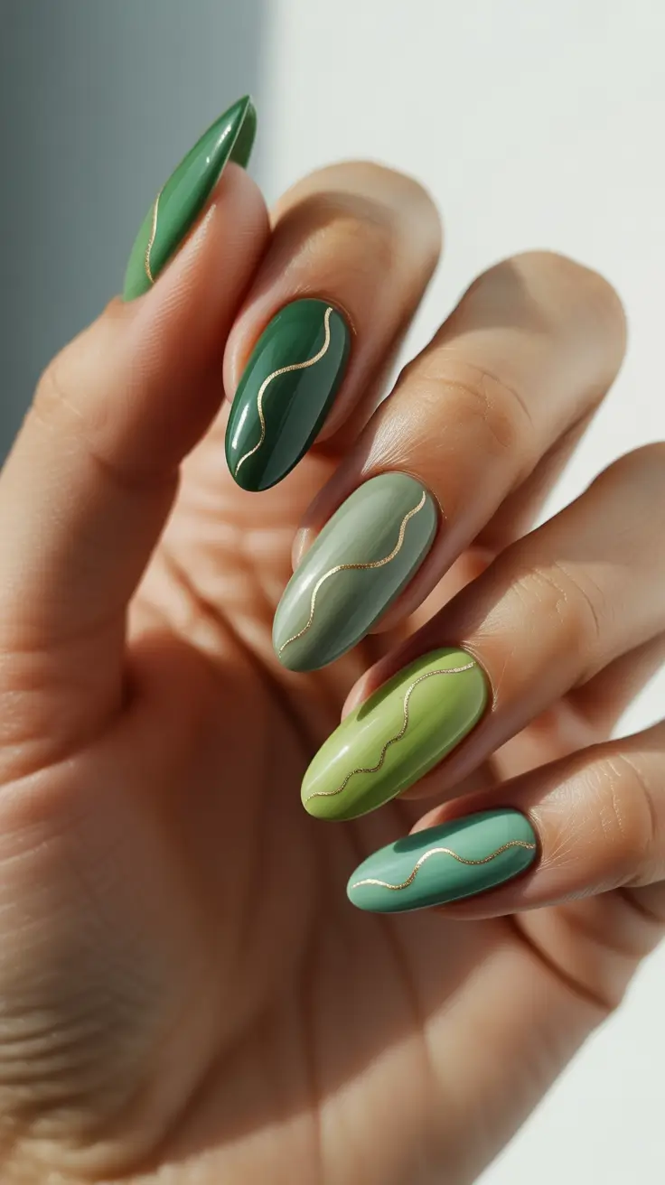 green winter nails ideas 2025-2026 Sage and Gold Serenity