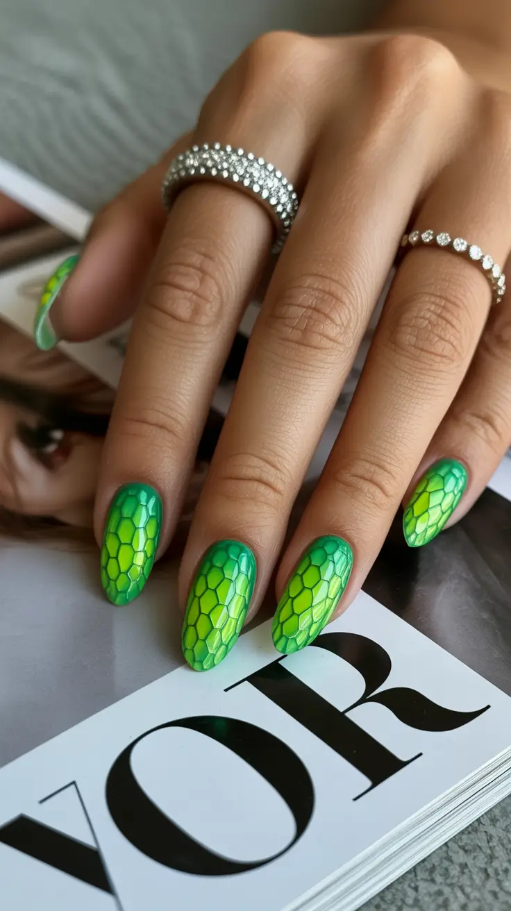green winter nails ideas 2025-2026 Playful Scales and Neon Edges