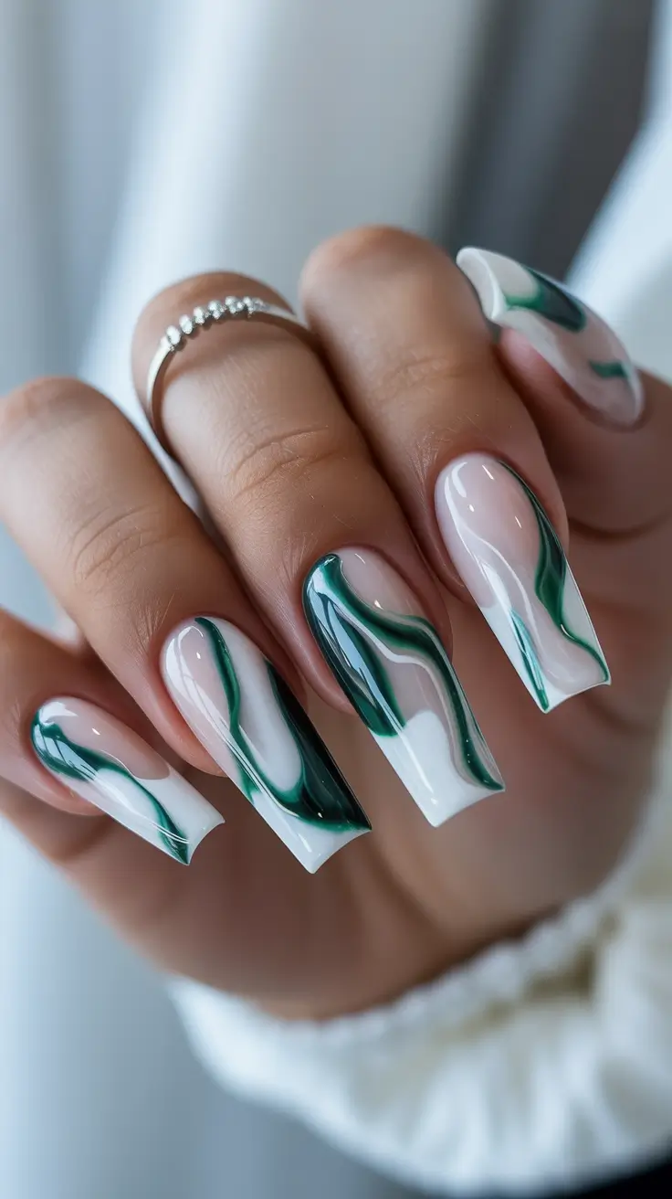 green winter nails ideas 2025-2026 White and Green Marble Whispers