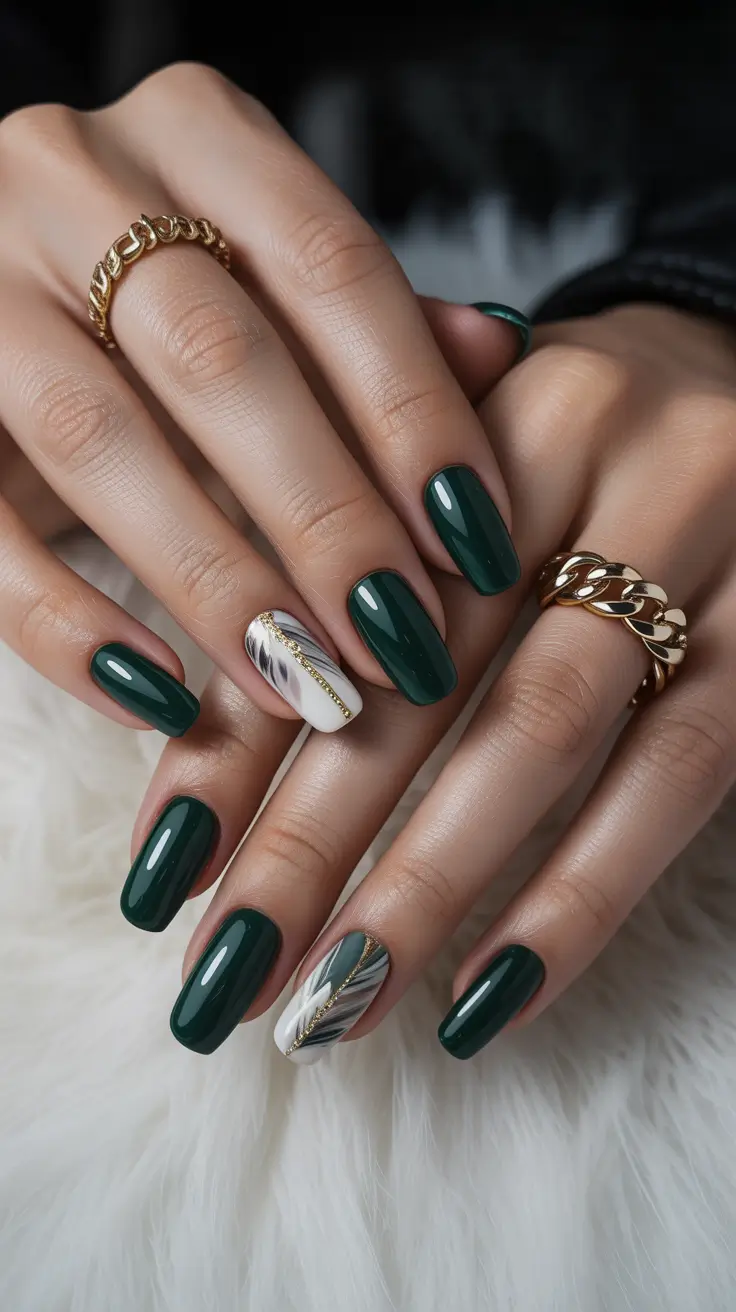 green winter nails ideas 2025-2026 Golden Touch Forest Glam